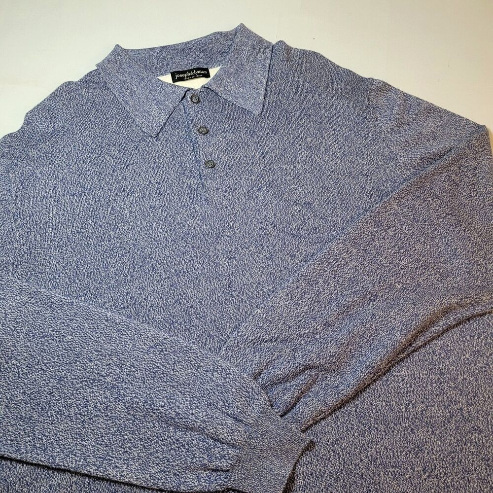 Joseph & Lyman Navy Blue Long-Sleeve Merino Wool Polo Shirt Mens Size LARGE